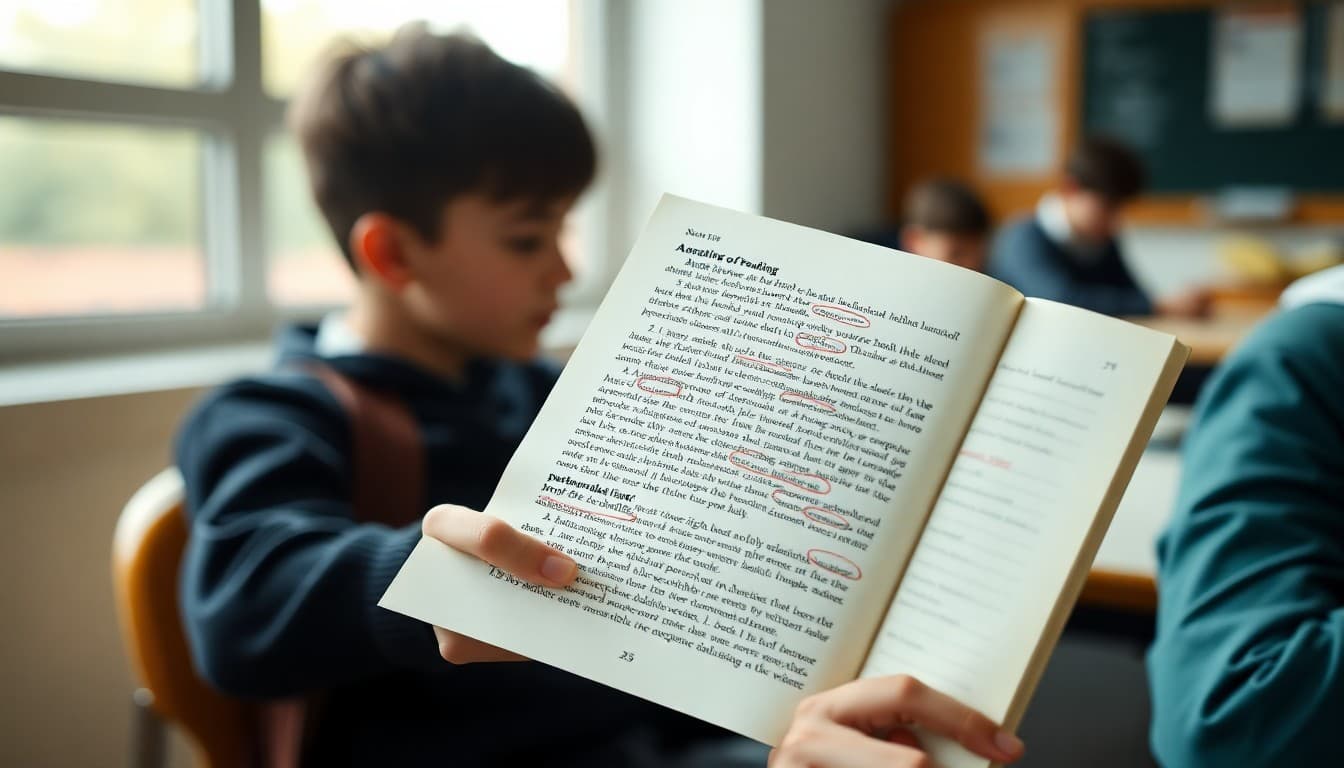 Student's annotated reading page with margin notes, underlines, and circled vocabulary