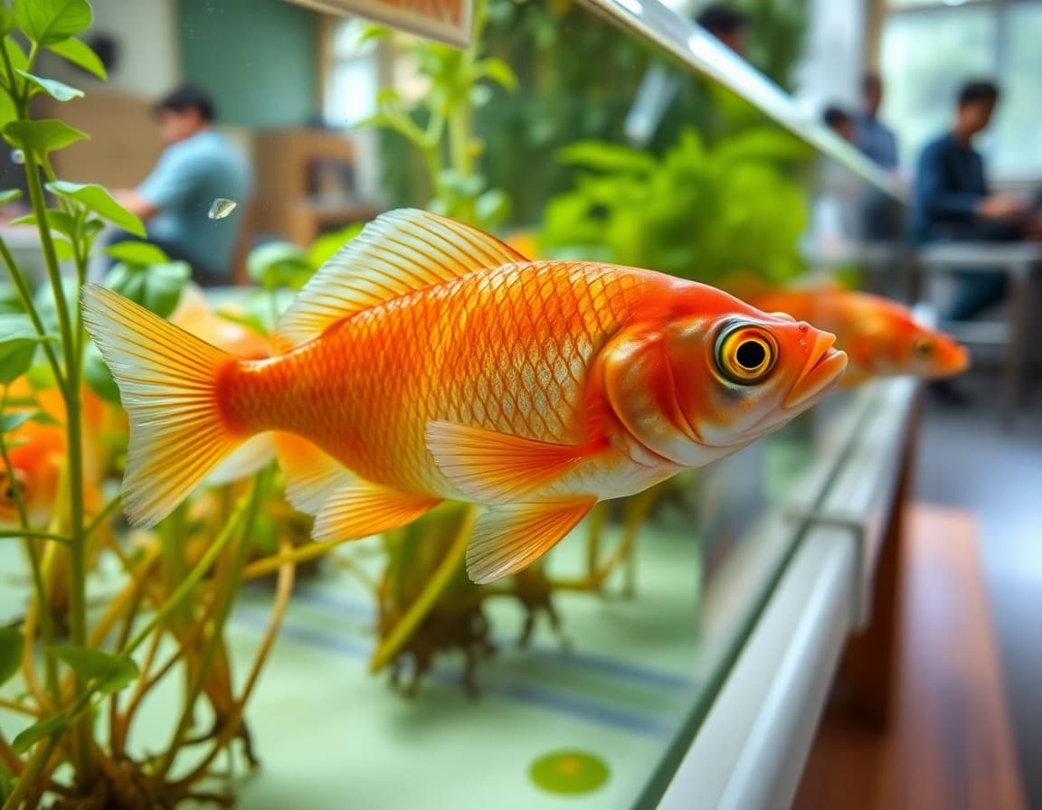 Close-up of fish in a classroom aquaponics system with herb roots visible in the water