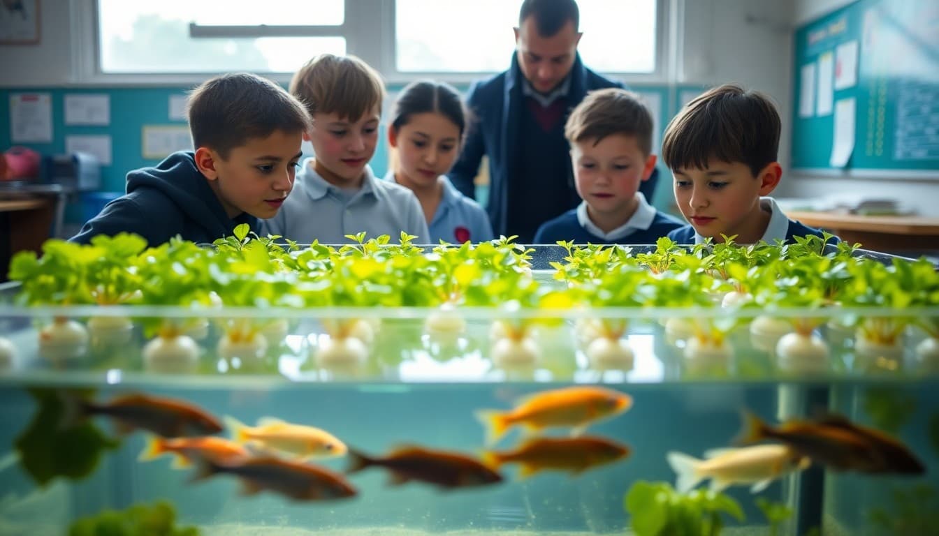 Students monitoring a classroom aquaponics tank with fish below and plants growing above