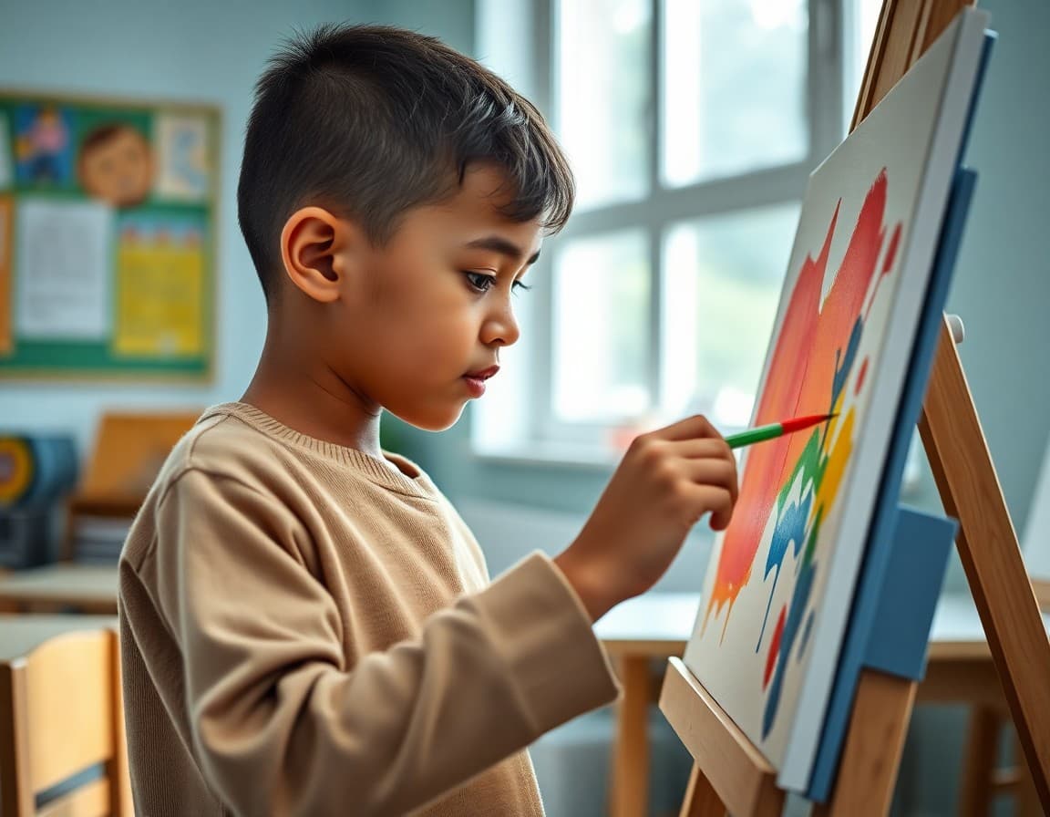 Student painting at an easel with bright colors, brush in hand, focused expression