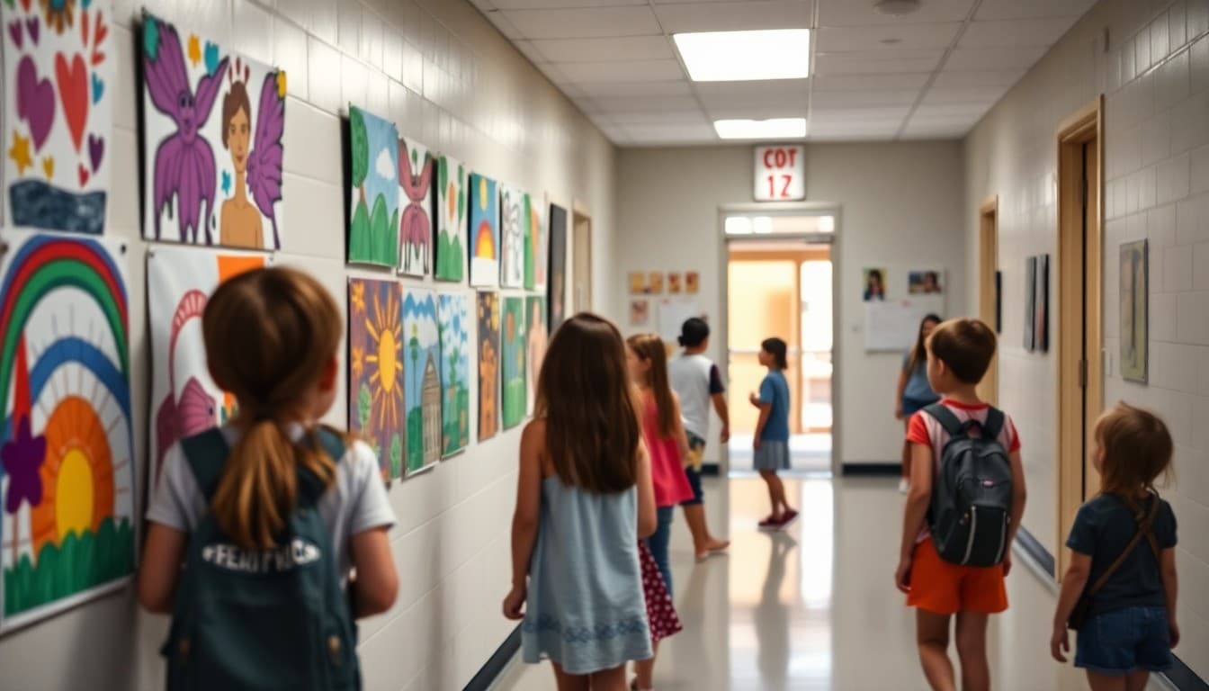 Colorful student artwork displayed on a school hallway wall before an art show