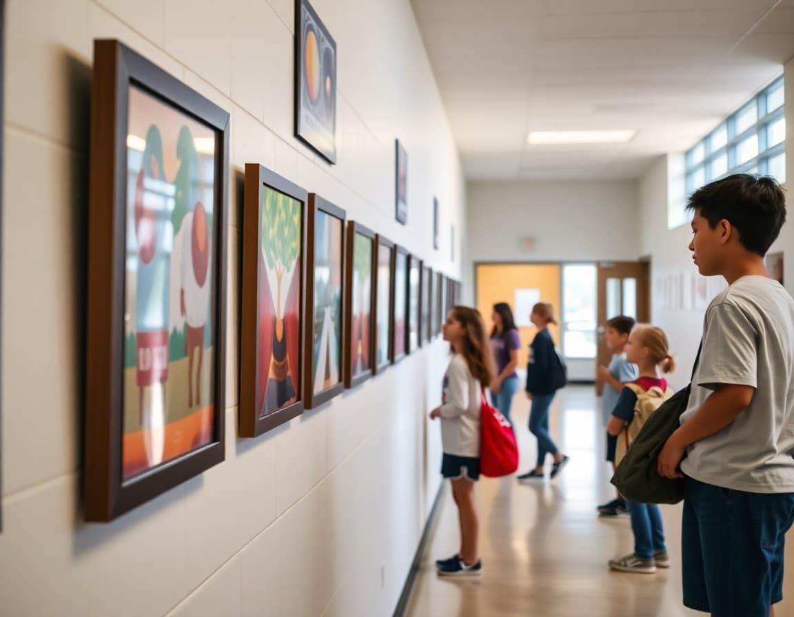 Student artwork framed and displayed at eye level along a school hallway gallery