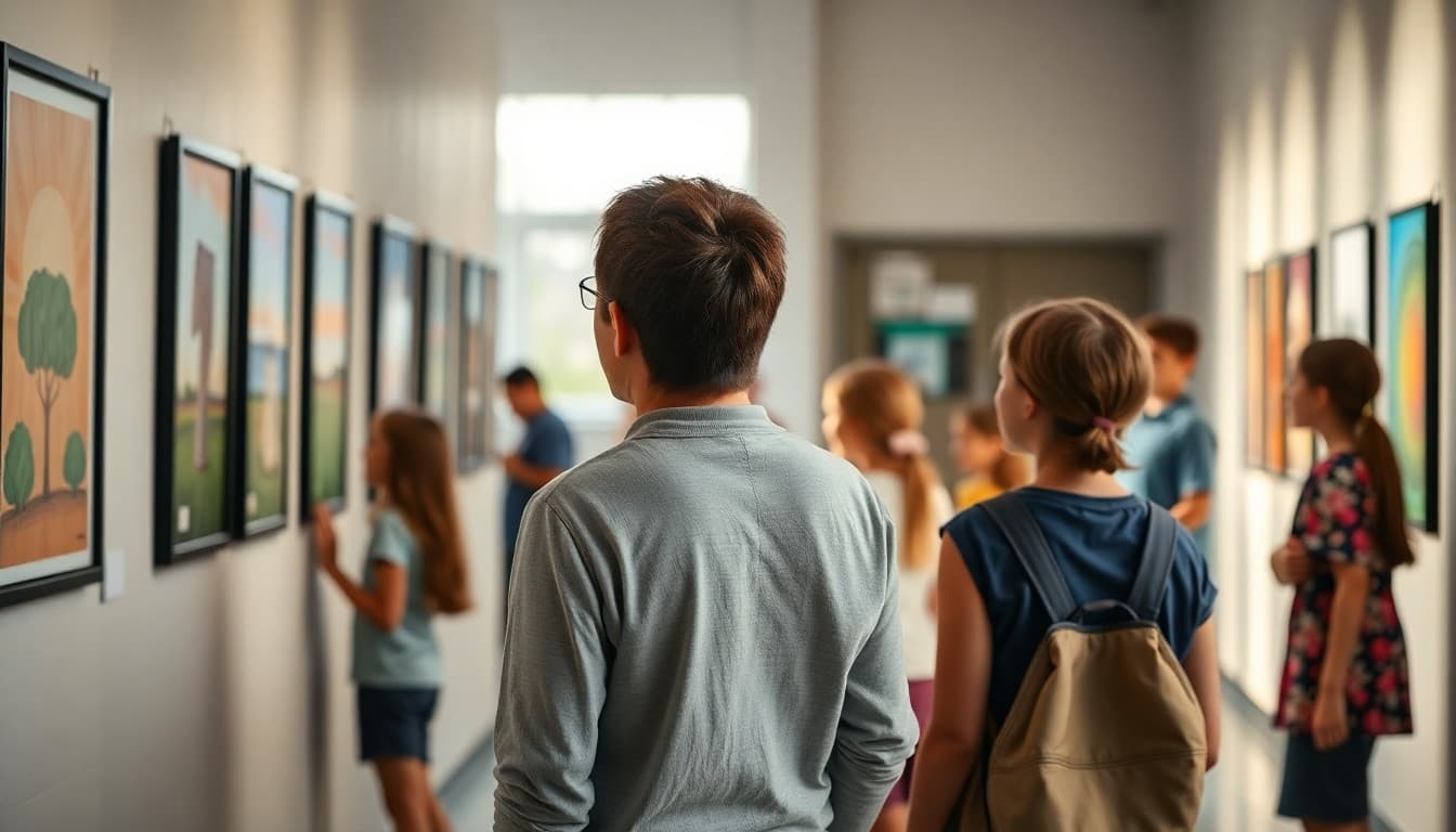 Family admiring student artwork displayed on walls during a school art gallery event