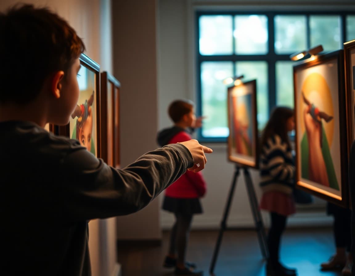Student pointing proudly to their framed artwork at a school gallery night