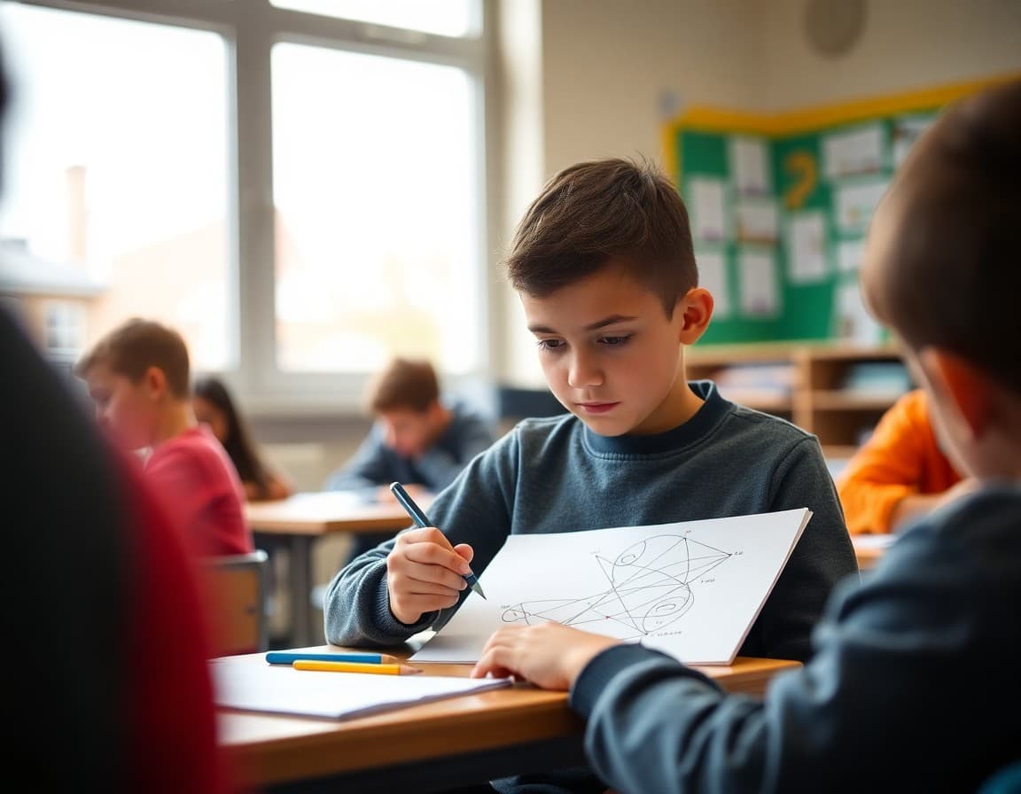 Student sketching a mathematical concept as a visual diagram in an arts integration activity