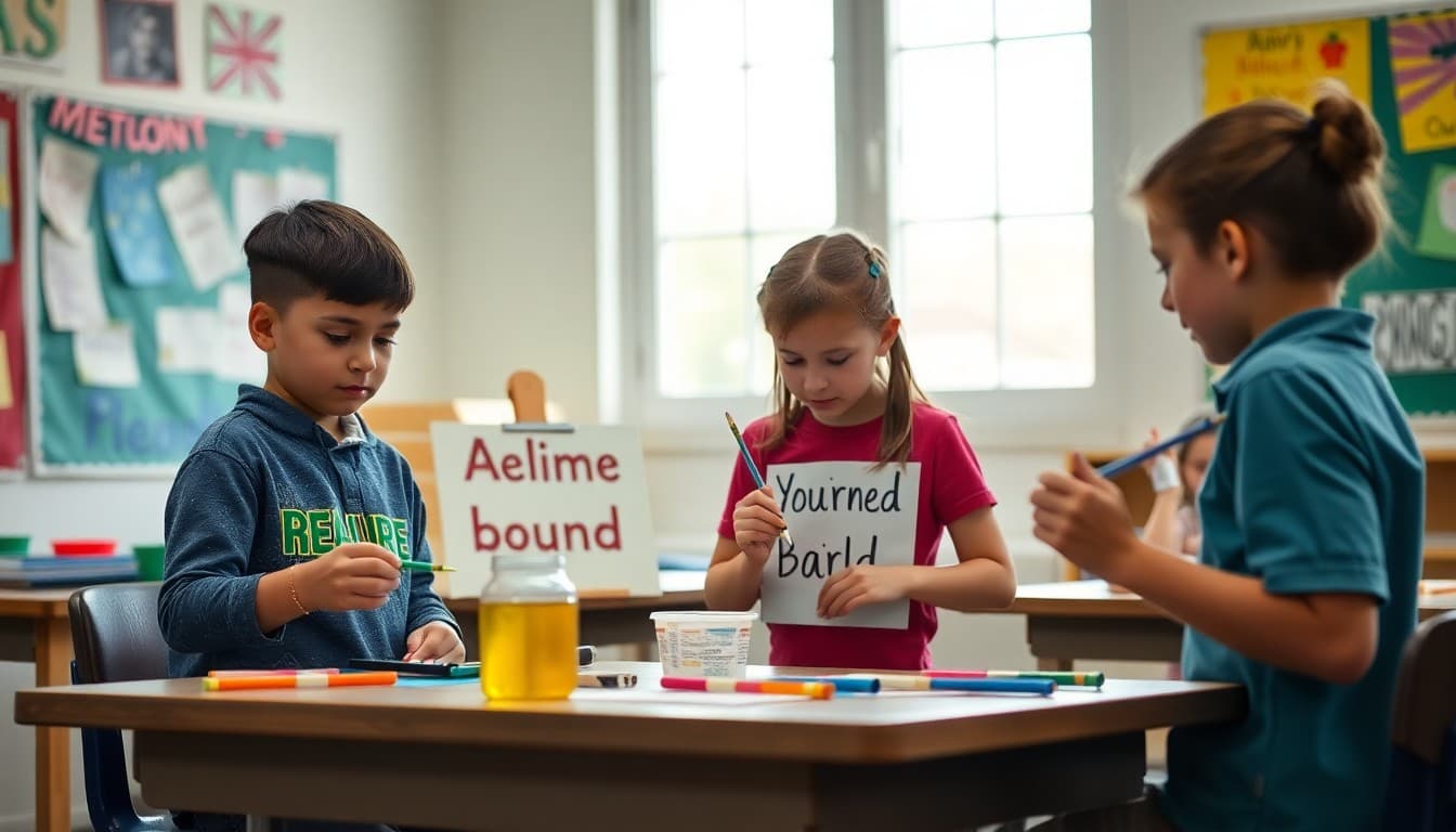 Students painting visual representations of vocabulary words during a language arts integration lesson