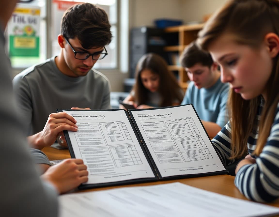 Assessment portfolio showing rubrics, written feedback, and student score sheets