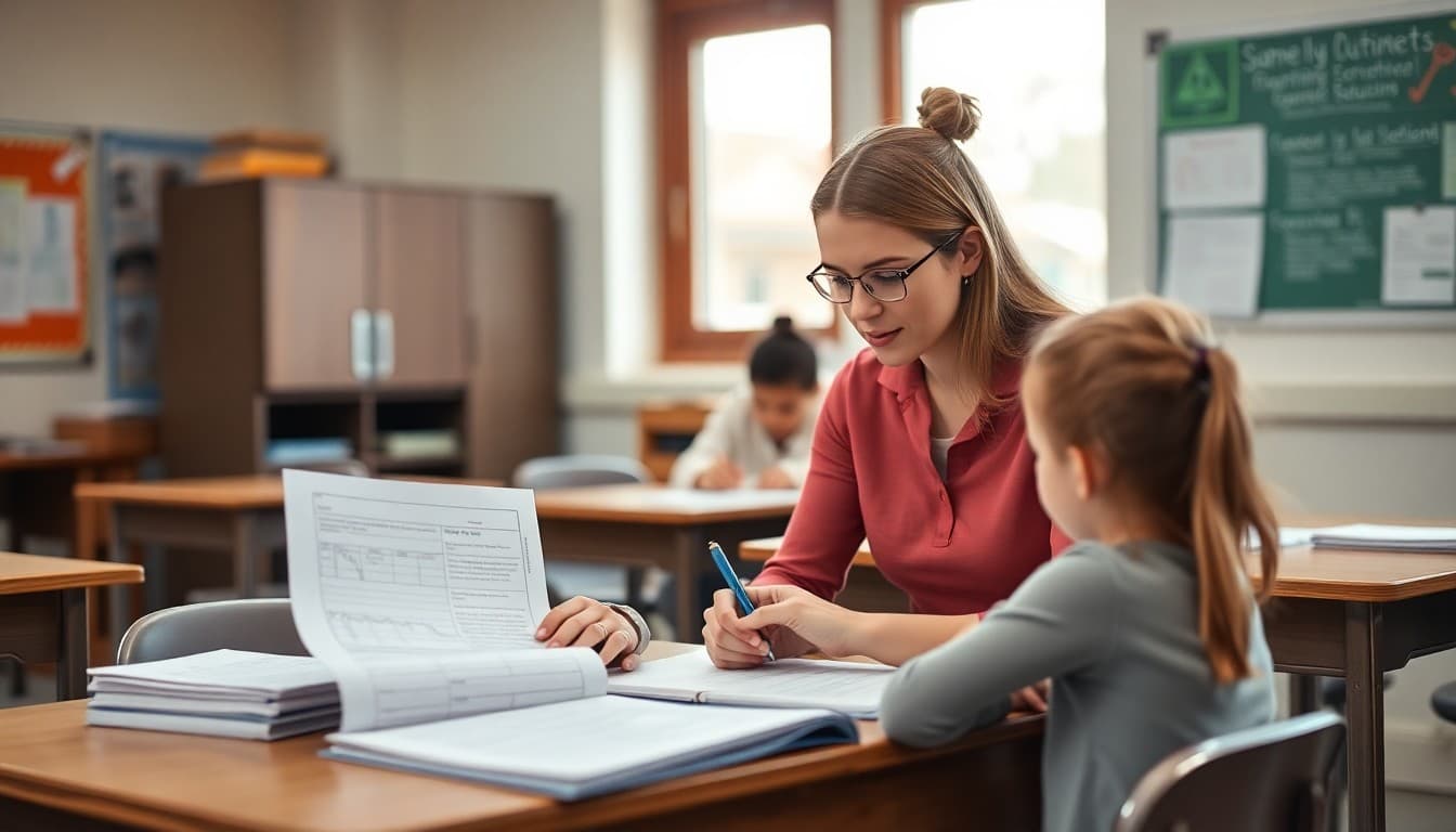 Teacher reviewing student work samples and assessment data at a classroom desk