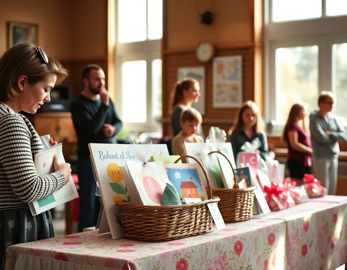 Auction item display with student artwork and gift baskets on a decorated table
