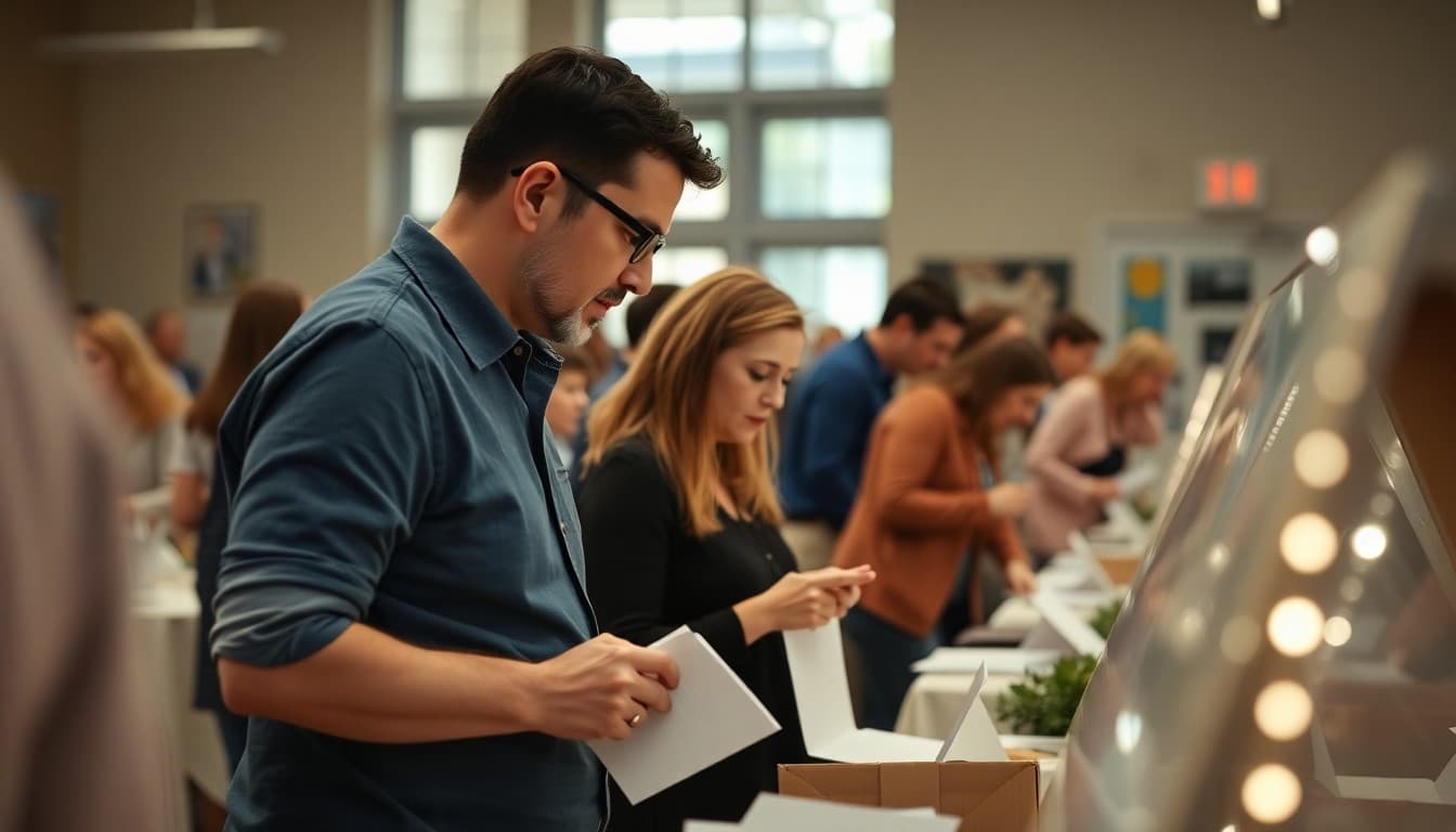 Parents browsing auction tables at a school fundraiser evening event