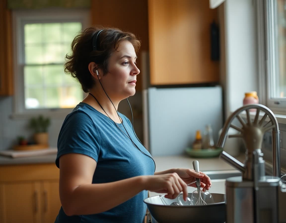 Parent listening to a school audio message on earbuds while doing dishes in the kitchen