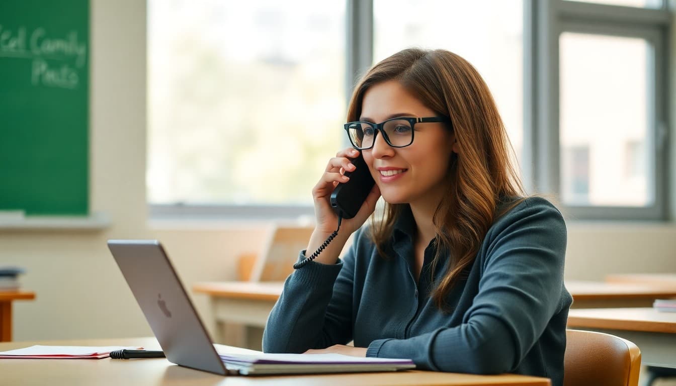 Teacher recording a brief voice message on a phone for families while sitting at their desk