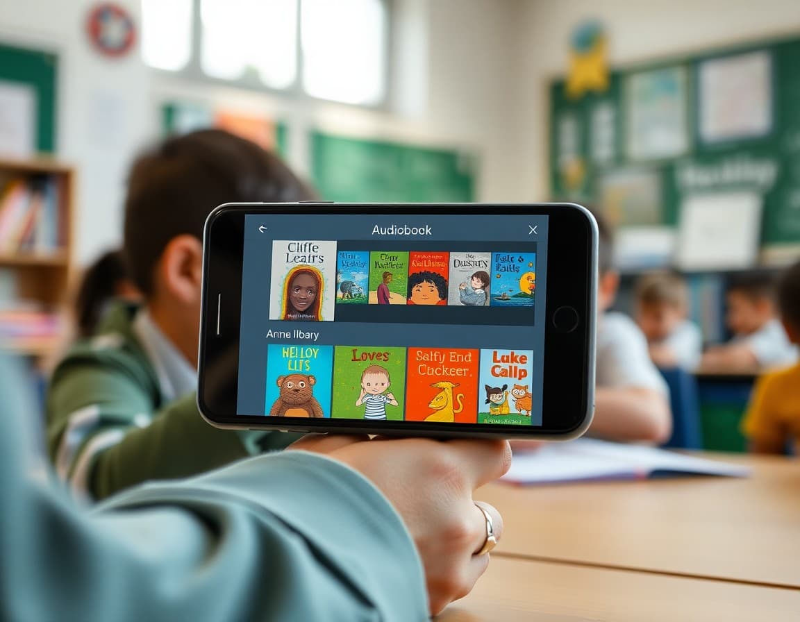 Audiobook app interface on phone showing children's book library