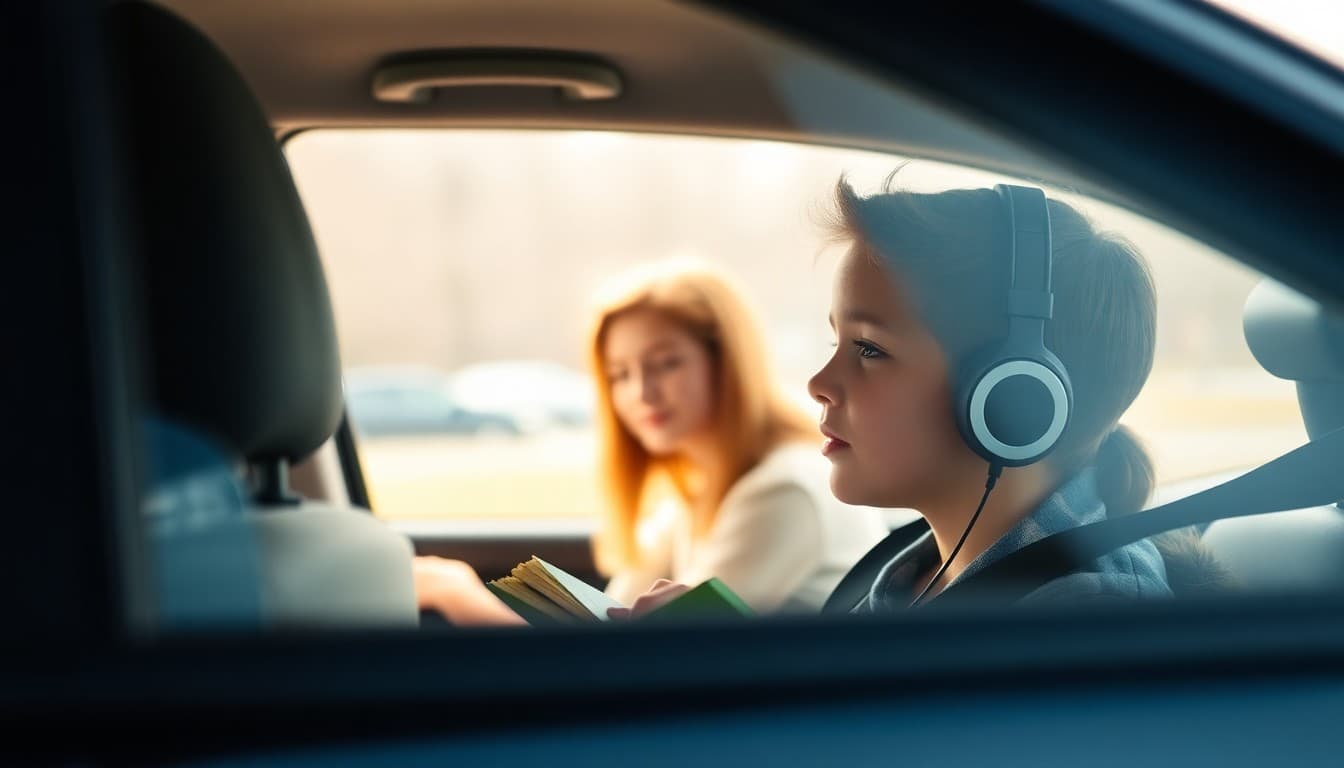 Child listening to audiobook with headphones during a car ride with family