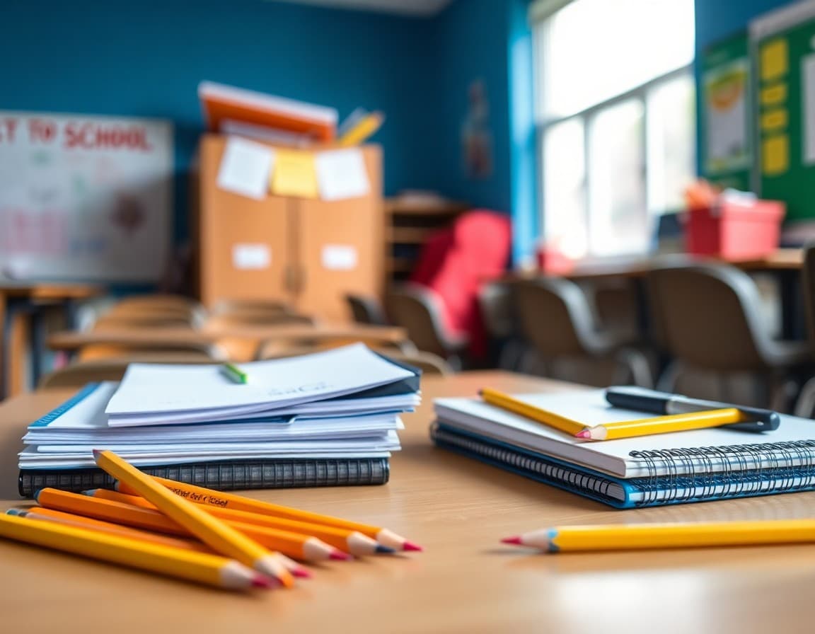 School supplies including pencils, notebooks, and folders laid out for an August back-to-school newsletter