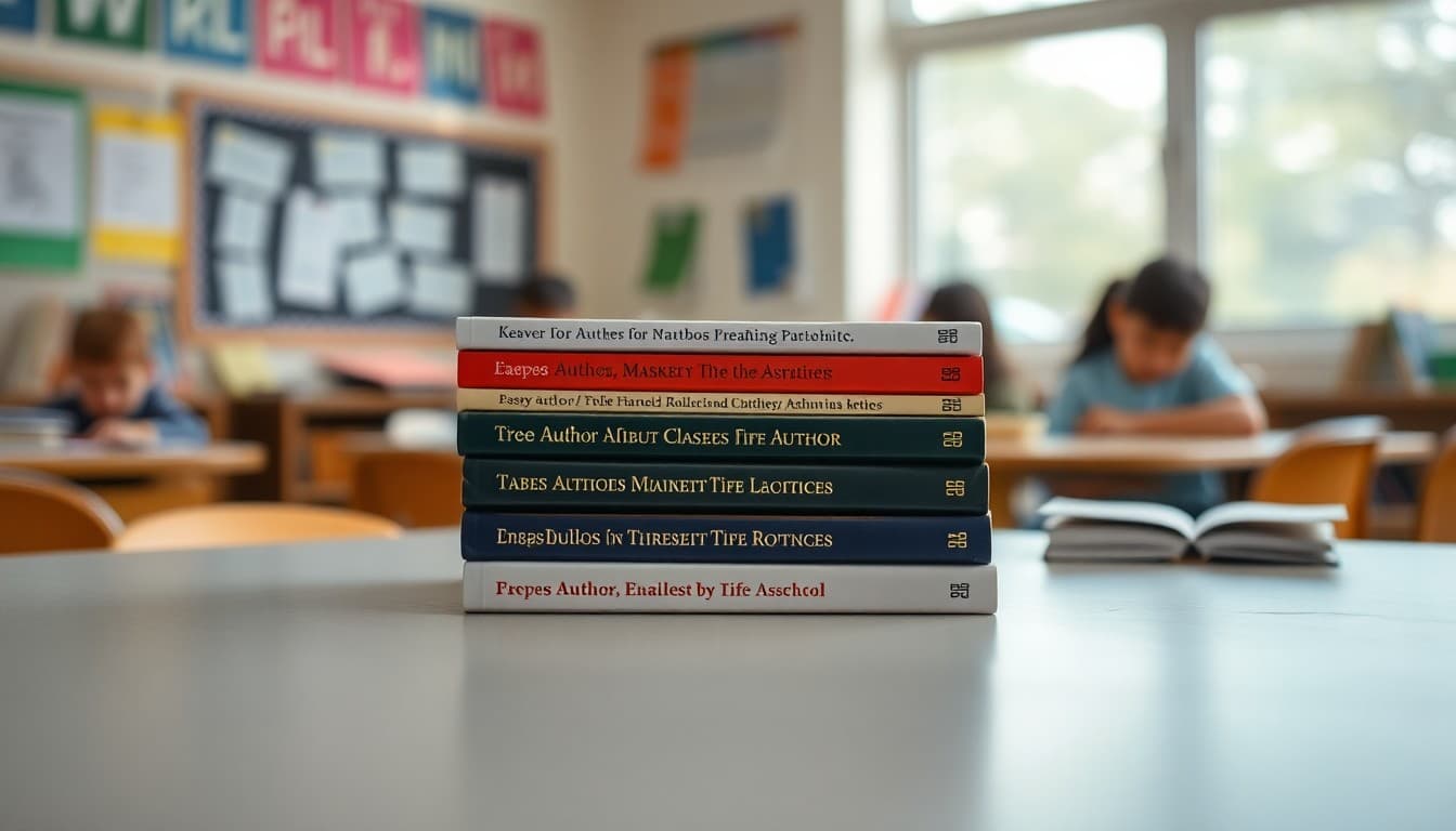 Stack of books by the same author on a classroom reading table with sticky notes inside