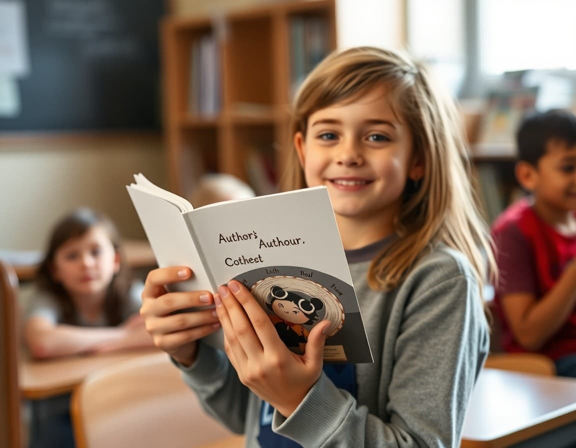 Student holding a signed copy of an author's book after an in-school author visit