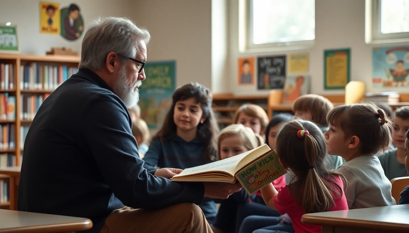 Author reading from their book to attentive elementary students in a school library