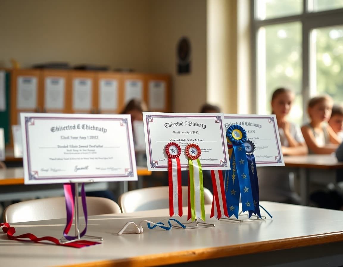 Award certificates and student achievement ribbons displayed on a classroom table