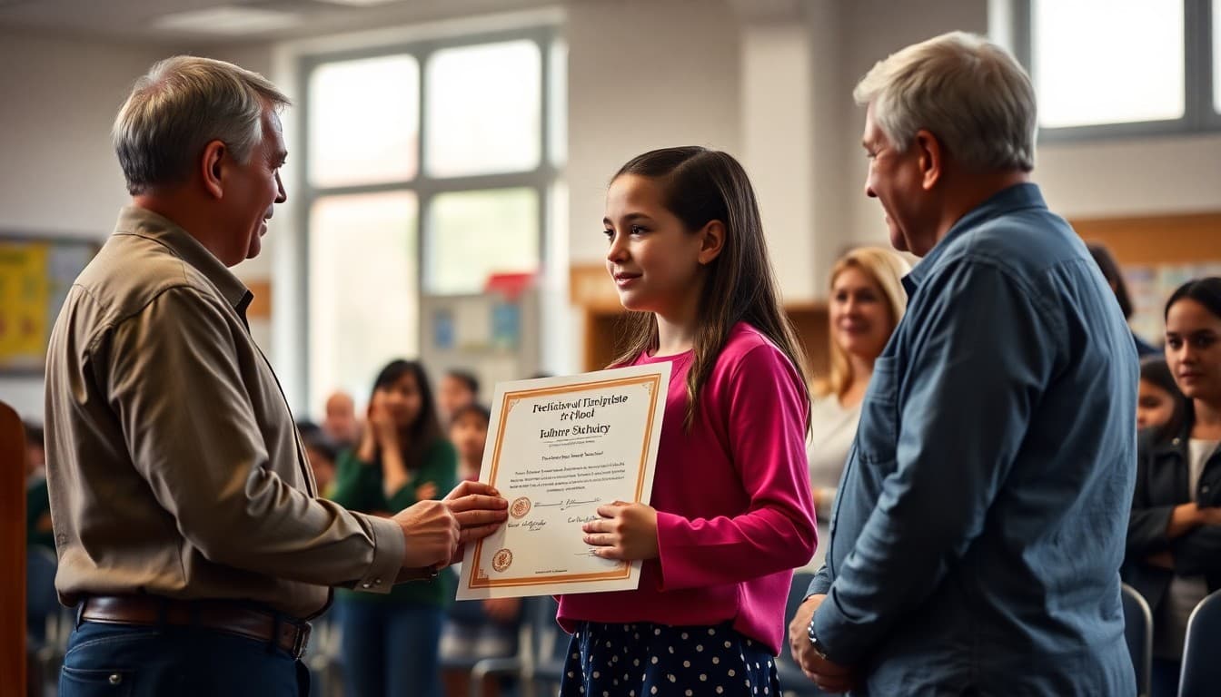 Student accepting a certificate on stage at a school award ceremony with proud family watching