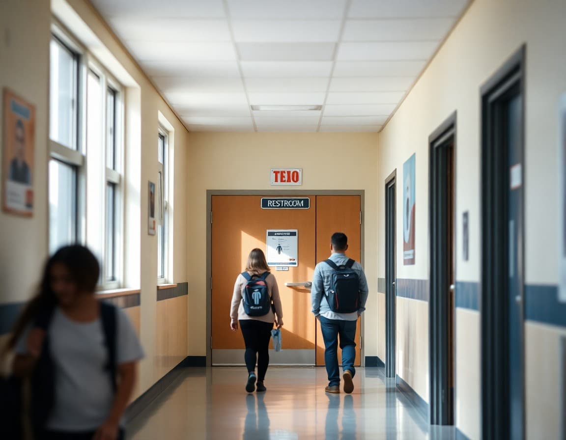 School hallway with restroom sign visible near classroom doors