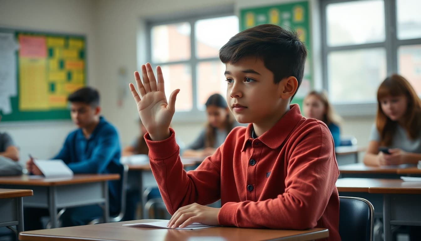 Student requesting permission to leave classroom shown raising hand at desk