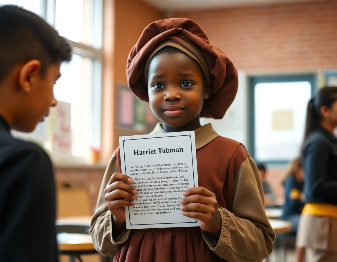 Student in a Harriet Tubman costume holding a speech card at a biography fair