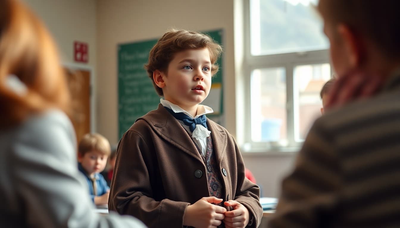 Student dressed as a historical figure presenting their biography research to classmates