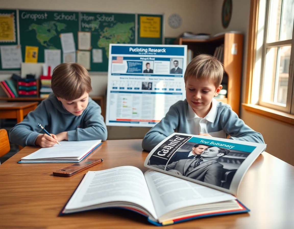 Student research notes, timeline poster, and biography book spread on a project desk