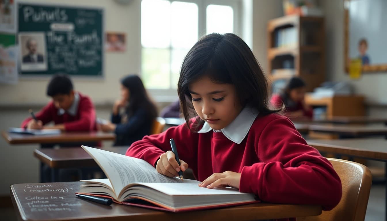Student reading a biography book while taking notes for a school research project