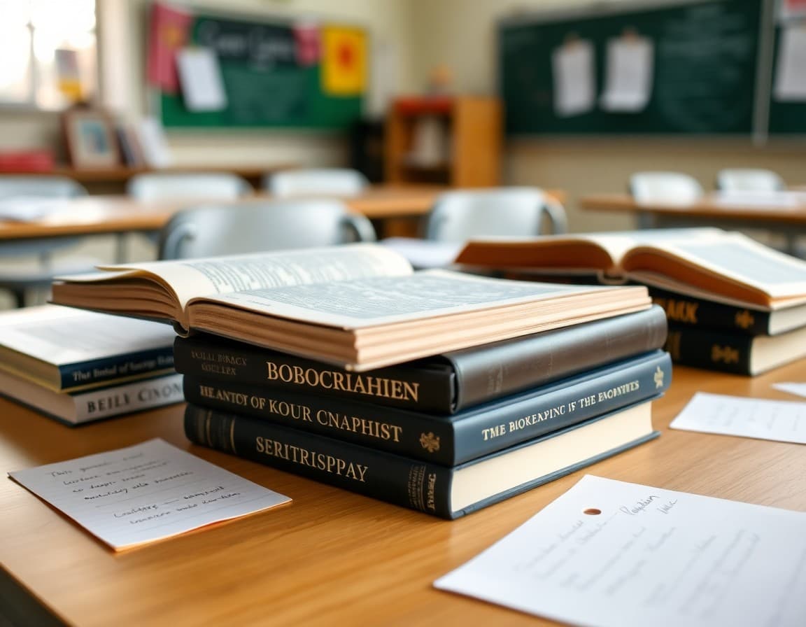Biography books spread on a classroom table with student note cards beside them