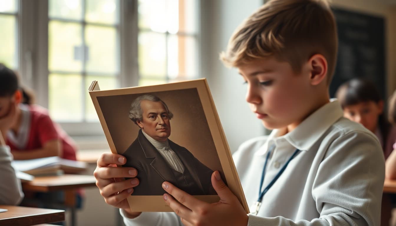Student reading a biography with a portrait of the historical figure on the cover