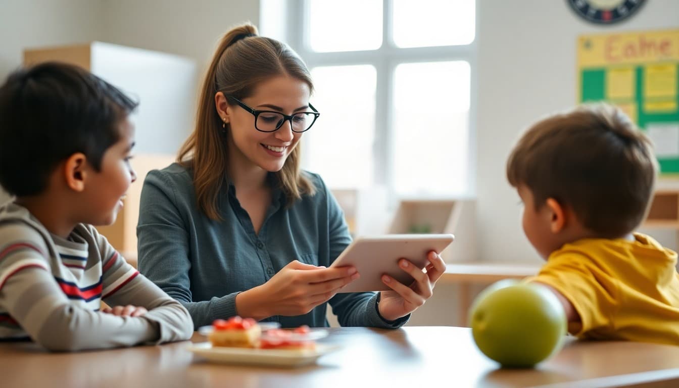 Teacher reviewing family communication on Bloomz app during a lunch break
