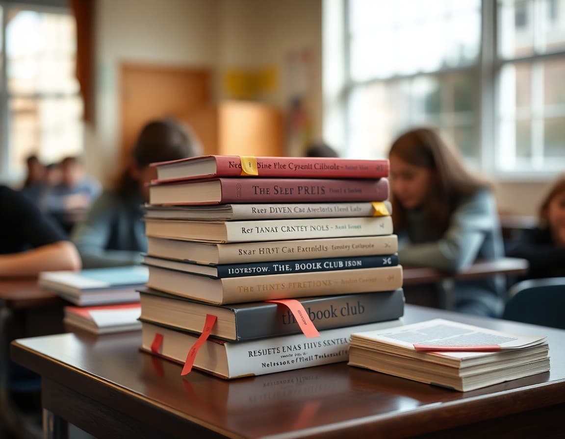 Stack of identical book club books with sticky note bookmarks and discussion cards