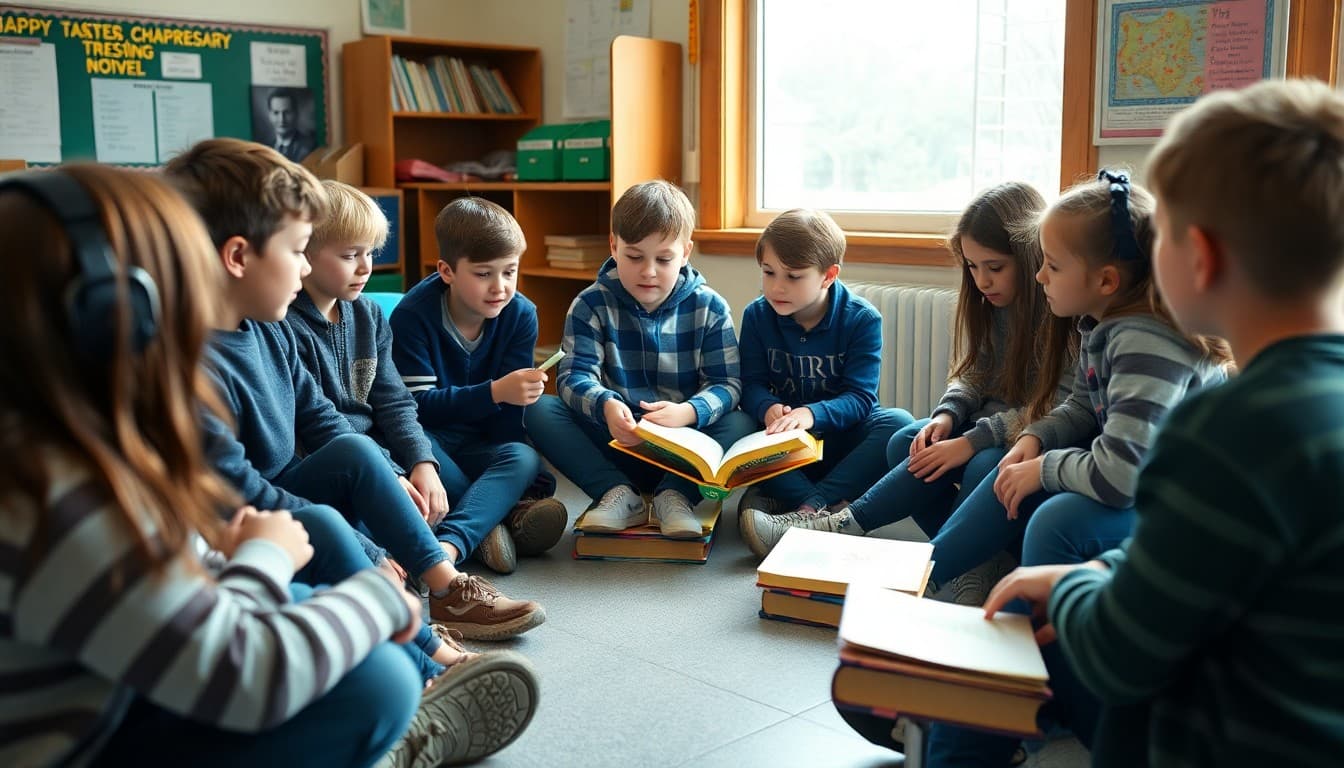 Students sitting in a circle discussing a book together during a classroom book club meeting