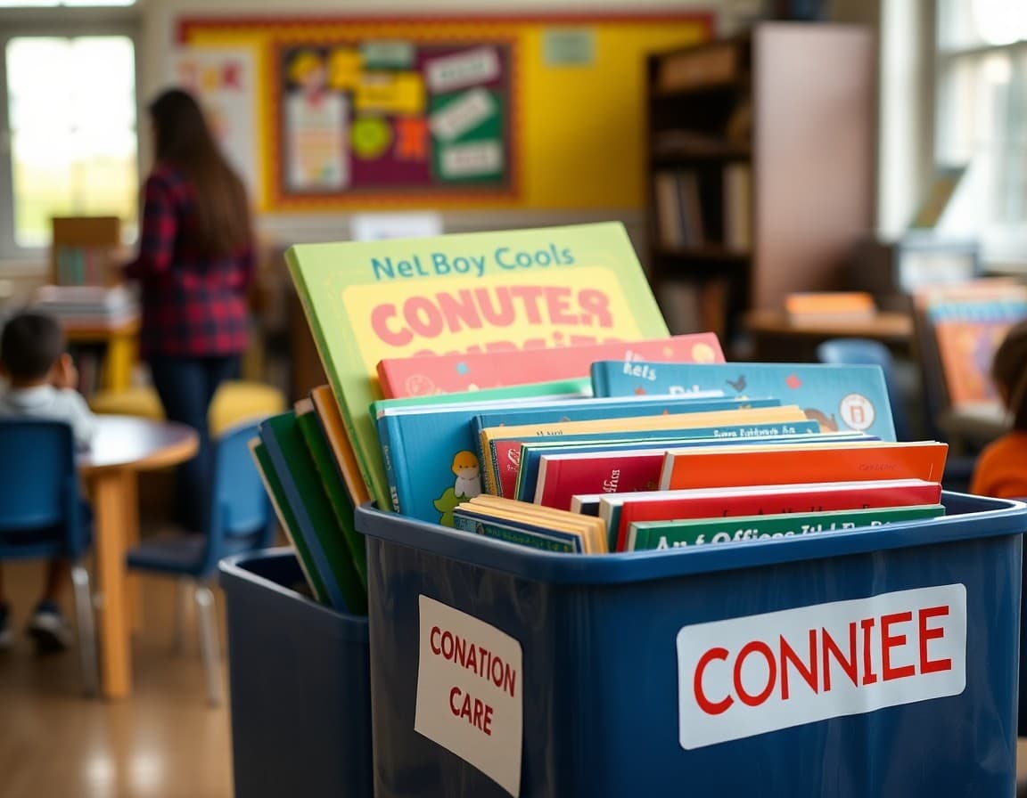 Colorful children's books piled in a donation box near a classroom library