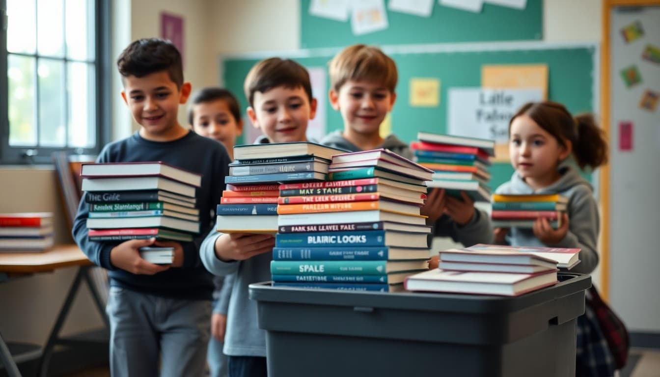 Students carrying stacks of donated books to a collection box during a school book drive
