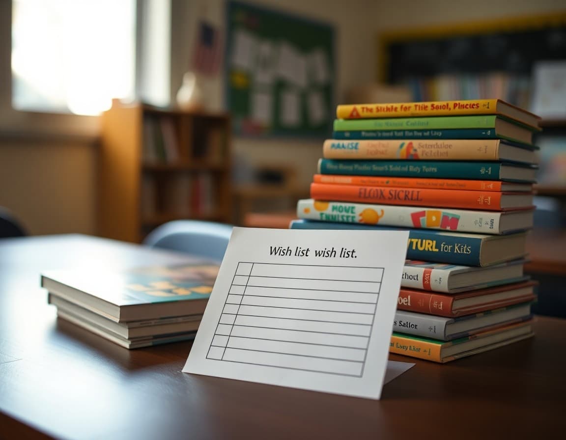 Book fair wish list form on a desk next to a stack of new children's books