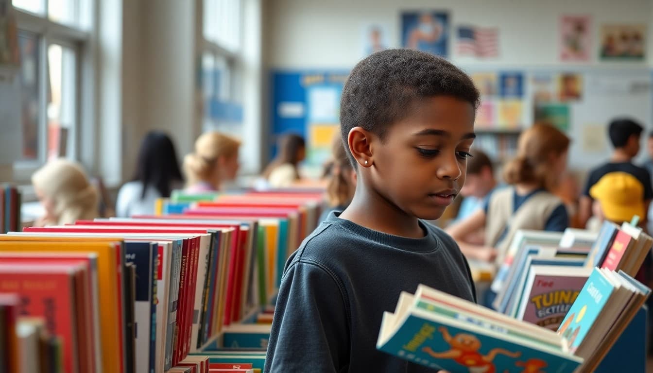 Student browsing colorful books at a school book fair display
