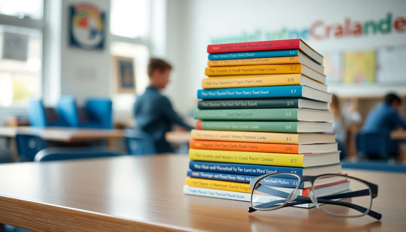 Stack of colorful children books on a library table with reading glasses nearby