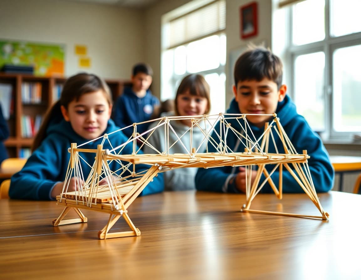 Completed student bridge built from popsicle sticks and glue ready for load testing