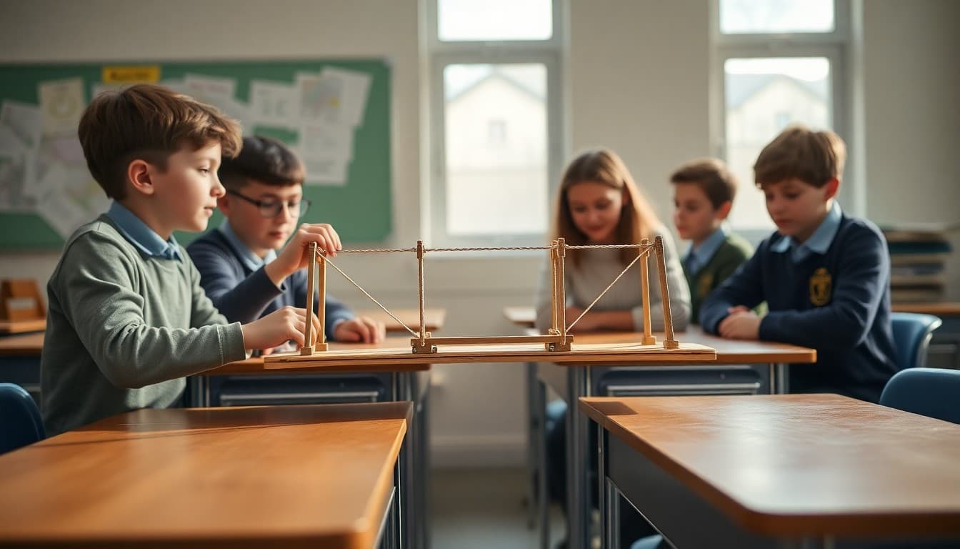Students testing a handmade bridge model with weights over a gap between two desks