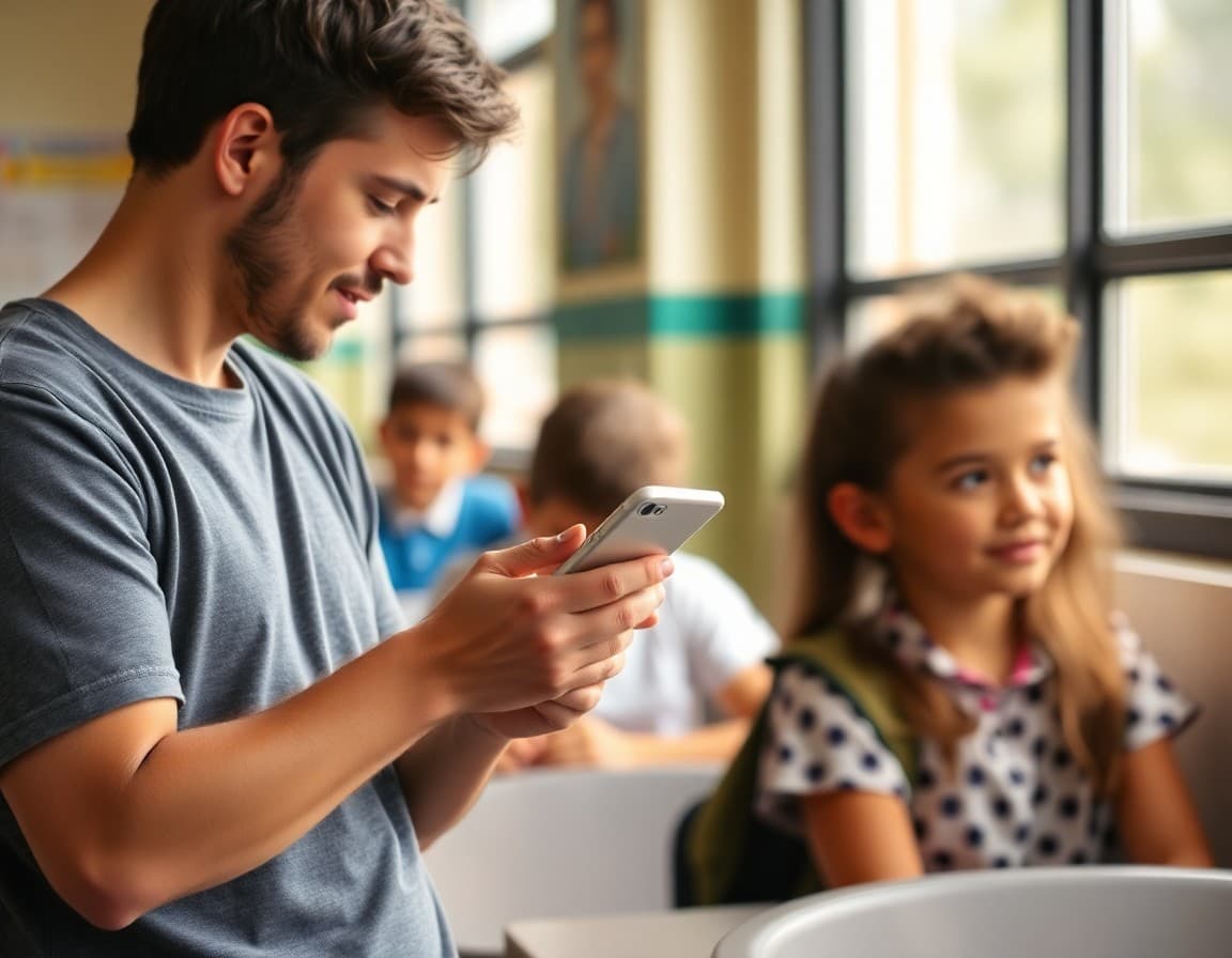Parent checking phone for bus schedule update notification from school