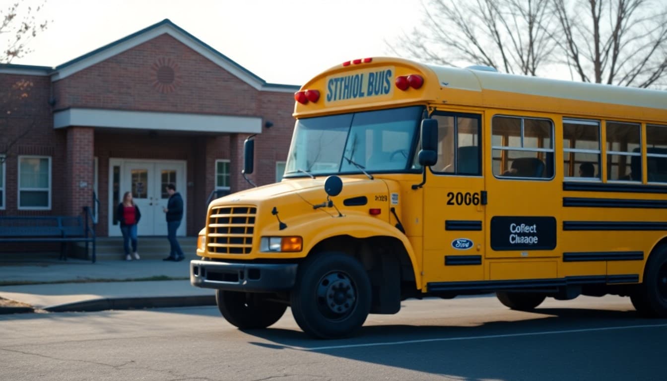Yellow school bus parked in front of elementary school building in morning