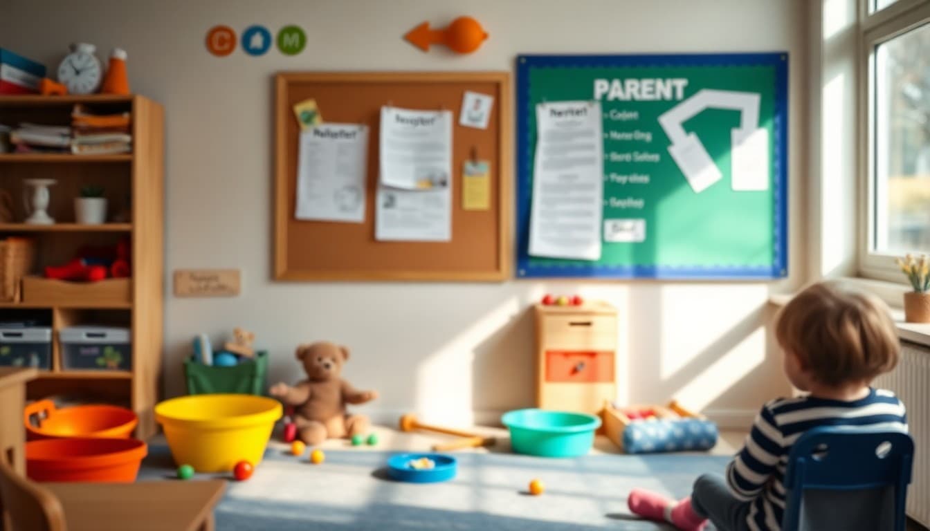 Cozy classroom calm corner with sensory tools and a teacher newsletter pinned to the parent board