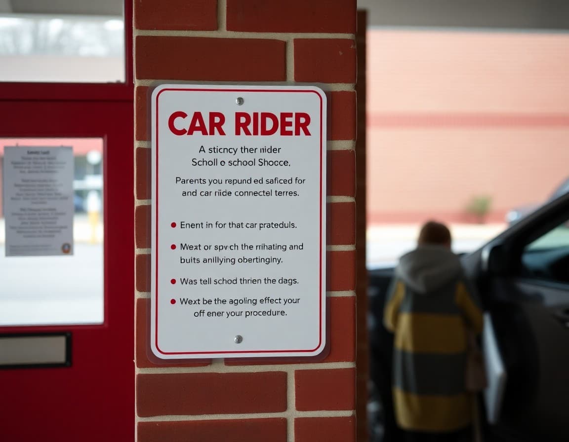 Car rider safety sign posted near school entrance reminding parents of procedures