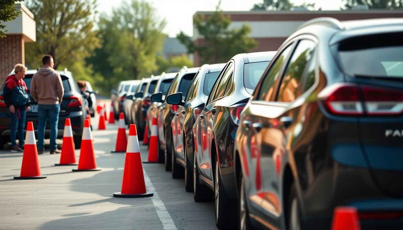 Cars lined up in school car rider lane with safety cones during afternoon pickup