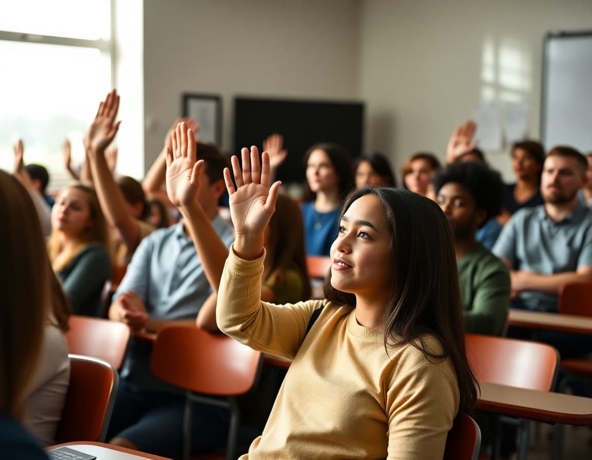 Students raising hands with questions during career day presentation