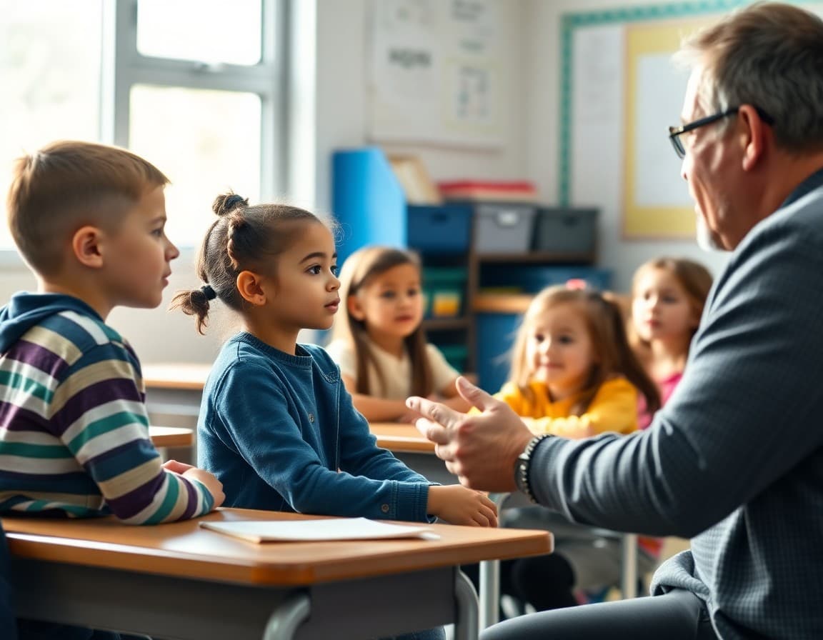 Elementary students interviewing a parent about their job during a classroom career exploration activity