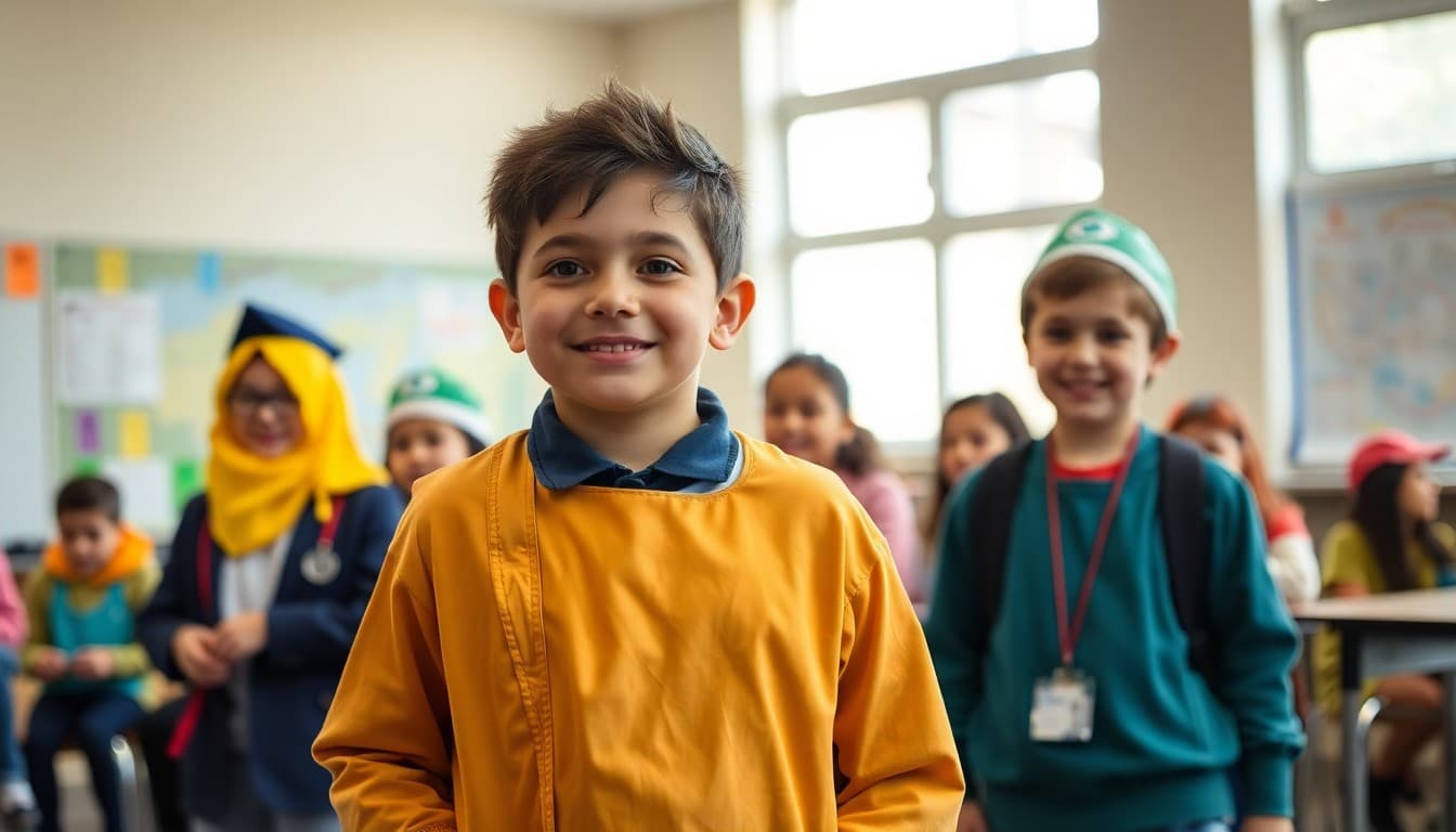 Students wearing different career costumes during a career day presentation at their school